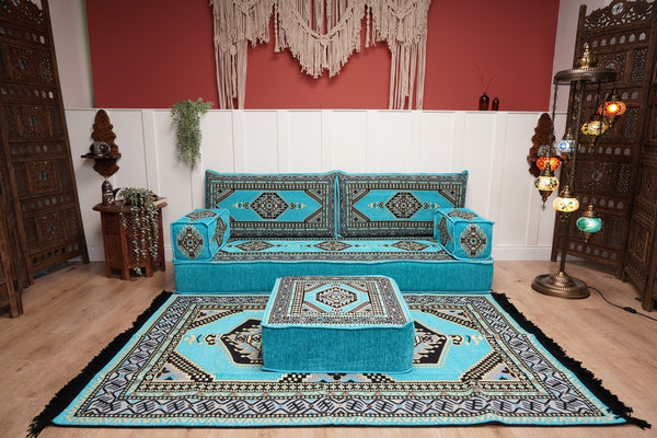 Turquoise Loveseat Arabic Sofa, Arabic Majlis, Moroccan Sofa with Ottoman Couch and Rug, Living Room Sofa, Arabic Jalsa Set, Floor Sofa Seating