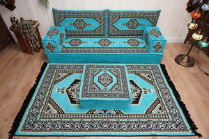 Turquoise Loveseat Arabic Sofa, Arabic Majlis, Moroccan Sofa with Ottoman Couch and Rug, Living Room Sofa, Arabic Jalsa Set, Floor Sofa Seating