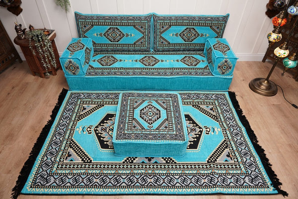 Turquoise Loveseat Arabic Sofa, Arabic Majlis, Moroccan Sofa with Ottoman Couch and Rug, Living Room Sofa, Arabic Jalsa Set, Floor Sofa Seating