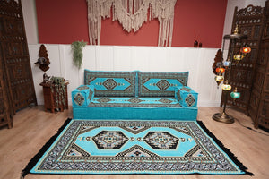 Turquoise Loveseat Arabic Sofa, Arabic Majlis, Moroccan Sofa with Ottoman Couch and Rug, Living Room Sofa, Arabic Jalsa Set, Floor Sofa Seating