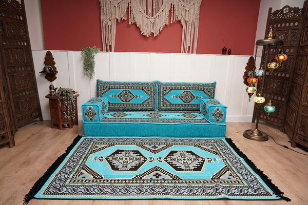 Turquoise Loveseat Arabic Sofa, Arabic Majlis, Moroccan Sofa with Ottoman Couch and Rug, Living Room Sofa, Arabic Jalsa Set, Floor Sofa Seating