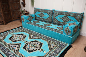 Turquoise Loveseat Arabic Sofa, Arabic Majlis, Moroccan Sofa with Ottoman Couch and Rug, Living Room Sofa, Arabic Jalsa Set, Floor Sofa Seating