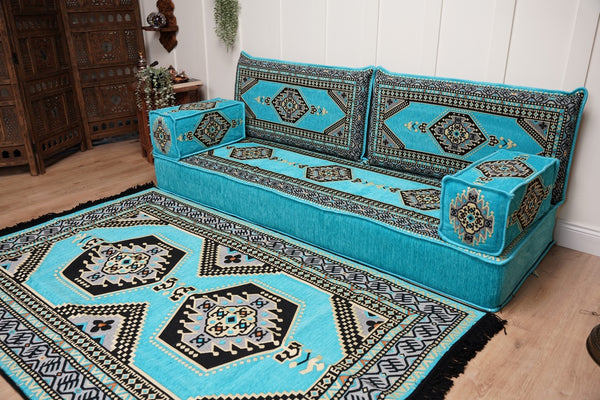 Turquoise Loveseat Arabic Sofa, Arabic Majlis, Moroccan Sofa with Ottoman Couch and Rug, Living Room Sofa, Arabic Jalsa Set, Floor Sofa Seating