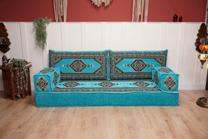 Turquoise Loveseat Arabic Sofa, Arabic Majlis, Moroccan Sofa with Ottoman Couch and Rug, Living Room Sofa, Arabic Jalsa Set, Floor Sofa Seating