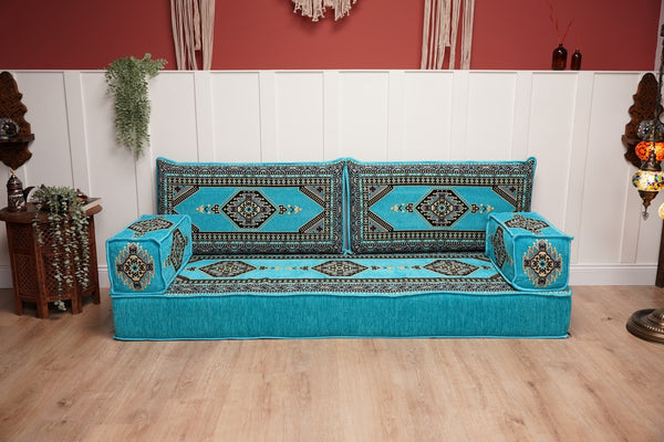 Turquoise Loveseat Arabic Sofa, Arabic Majlis, Moroccan Sofa with Ottoman Couch and Rug, Living Room Sofa, Arabic Jalsa Set, Floor Sofa Seating