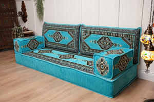 Turquoise Loveseat Arabic Sofa, Arabic Majlis, Moroccan Sofa with Ottoman Couch and Rug, Living Room Sofa, Arabic Jalsa Set, Floor Sofa Seating
