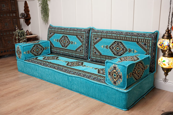 Turquoise Loveseat Arabic Sofa, Arabic Majlis, Moroccan Sofa with Ottoman Couch and Rug, Living Room Sofa, Arabic Jalsa Set, Floor Sofa Seating