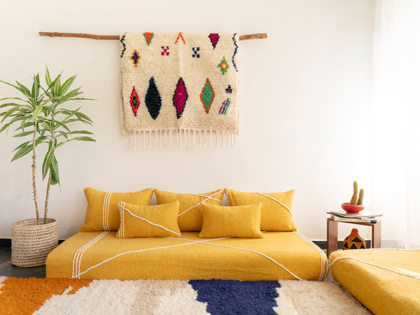Yellow Modular Floor Cushions, White Striped Moroccan Floor Pillows, Loveseat Sofa, Floor Couches, Living Room Sofa