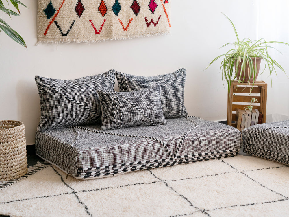 Traditional Moroccan Style Floor Sofa, Kilim Sofa Set, Floor Cushions, Boho Floor Couches, Handmade Gray Morocco Sofa