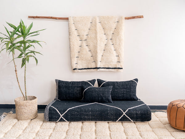 Moroccan Floor Cushion, Black Kilim Floor Pillow, Traditional Sofa, So