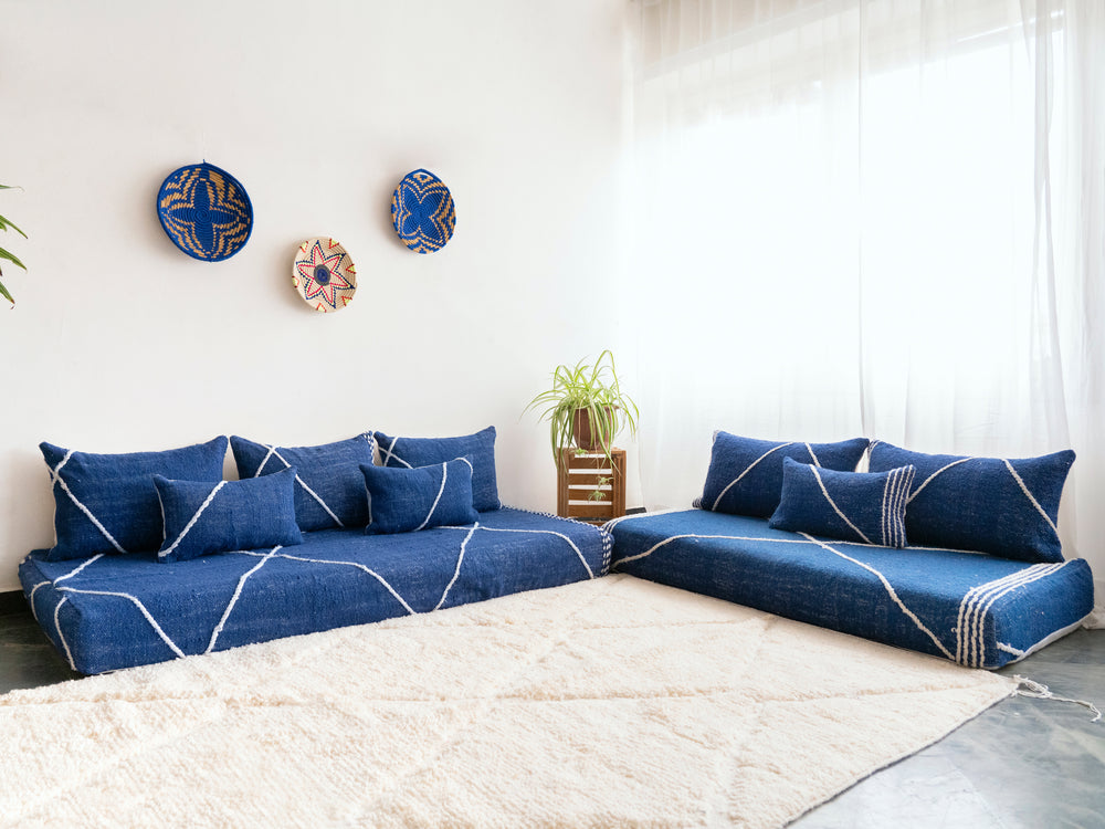 Navy Blue Moroccan Corner Floor Sofa, Loveseat Sofa, Modular Sofa, Boho Style Sofa, Living Room Sofa Couch, Striped Sofa