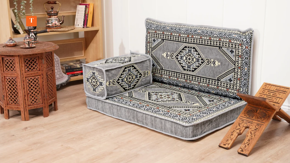 Königsblauer Palast Arabisches Bodenkissen Sofa, Halbes Sofa Sitzgarnitur, Authentische Bodenkissen Sitzgelegenheit