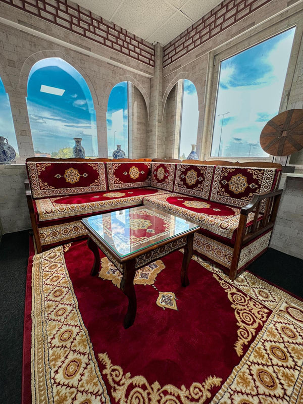 Red Turkish Rug Carpet Wooden Bench Sofa, Arabic Majlis, Arabic Jalsa, Wooden Bench for Restaurant and Cafés, Arabic Furniture
