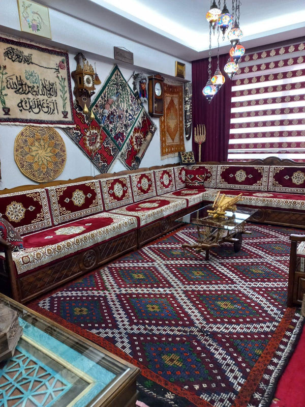 Red Turkish Rug Carpet Wooden Bench Sofa, Arabic Majlis, Arabic Jalsa, Wooden Bench for Restaurant and Cafés, Arabic Furniture