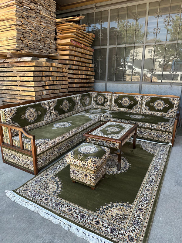 Khaki Turkish Cedar, Yemeni Majlis, Moroccan Majlis, Arabic Furniture for Restaurants, Ottoman Sofa, Wooden Bench Sofa