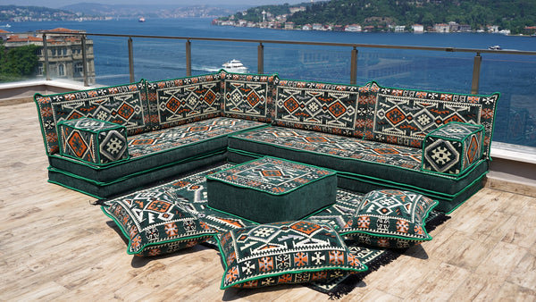 Green Anatolian Hearth pattern L-shaped corner Arabic floor sofa set, photo 10 of 17