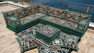 Green Anatolian Hearth pattern L-shaped corner Arabic floor sofa set, photo 11 of 17