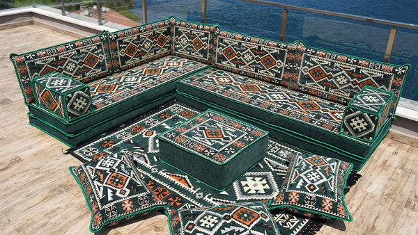 Green Anatolian Hearth pattern L-shaped corner Arabic floor sofa set, photo 11 of 17