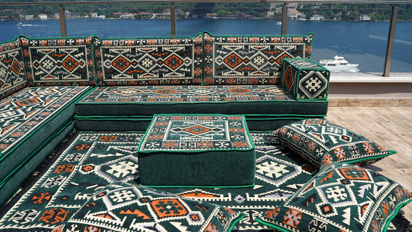Green Anatolian Hearth pattern L-shaped corner Arabic floor sofa set, photo 12 of 17