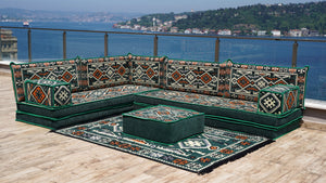 Green Anatolian Hearth pattern L-shaped corner Arabic floor sofa set, photo 13 of 17
