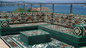 Green Anatolian Hearth pattern L-shaped corner Arabic floor sofa set, photo 14 of 17