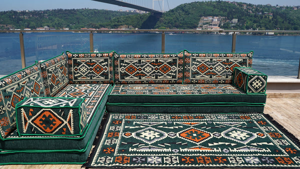 Green Anatolian Hearth pattern L-shaped corner Arabic floor sofa set, photo 16 of 17