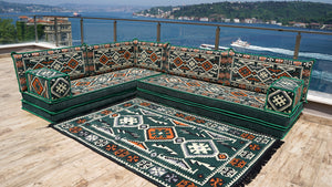Green Anatolian Hearth pattern L-shaped corner Arabic floor sofa set, photo 15 of 17