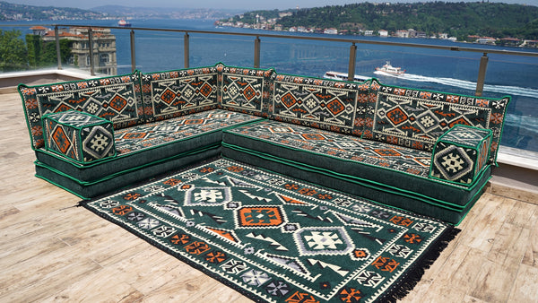 Green Anatolian Hearth pattern L-shaped corner Arabic floor sofa set, photo 15 of 17