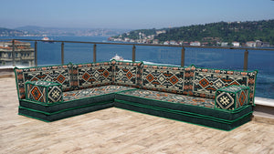 Green Anatolian Hearth pattern L-shaped corner Arabic floor sofa set, photo 17 of 17
