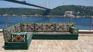 Green Anatolian Hearth pattern L-shaped corner Arabic floor sofa set, photo 18 of 18