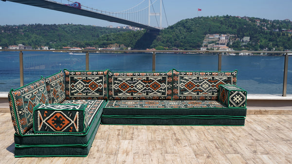 Green Anatolian Hearth pattern L-shaped corner Arabic floor sofa set, photo 18 of 18