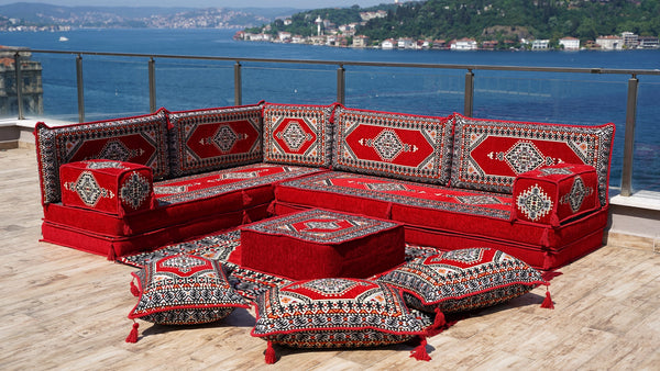 Rote Bodenkissen, L-förmige arabische Sitzsofas, Balkonterrassesofas, waschbare Kissenbezüge