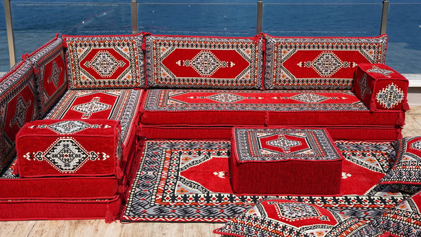 Rote Bodenkissen, L-förmige arabische Sitzsofas, Balkonterrassesofas, waschbare Kissenbezüge