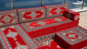 Rote Bodenkissen, L-förmige arabische Sitzsofas, Balkonterrassesofas, waschbare Kissenbezüge