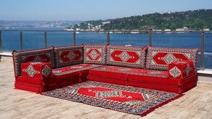 Rote Bodenkissen, L-förmige arabische Sitzsofas, Balkonterrassesofas, waschbare Kissenbezüge
