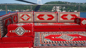 Rote Bodenkissen, L-förmige arabische Sitzsofas, Balkonterrassesofas, waschbare Kissenbezüge
