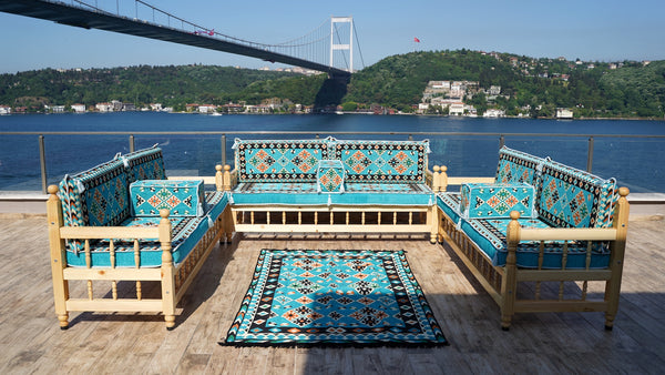 Outdoor Furniture, Wooden Bench Sofa Sets, Turquoise Floor Cushions, Arabic Seating Jalsah, Traditional Wooden Bench, Garden Sofa Set, Arabic Sofa, Yemeni Majlis Set