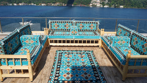 Outdoor Furniture, Wooden Bench Sofa Sets, Turquoise Floor Cushions, Arabic Seating Jalsah, Traditional Wooden Bench, Garden Sofa Set, Arabic Sofa, Yemeni Majlis Set