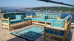 Outdoor Furniture, Wooden Bench Sofa Sets, Turquoise Floor Cushions, Arabic Seating Jalsah, Traditional Wooden Bench, Garden Sofa Set, Arabic Sofa, Yemeni Majlis Set