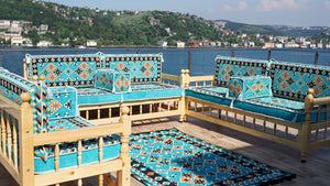 Outdoor Furniture, Wooden Bench Sofa Sets, Turquoise Floor Cushions, Arabic Seating Jalsah, Traditional Wooden Bench, Garden Sofa Set, Arabic Sofa, Yemeni Majlis Set