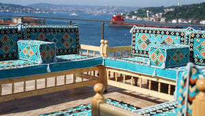 Outdoor Furniture, Wooden Bench Sofa Sets, Turquoise Floor Cushions, Arabic Seating Jalsah, Traditional Wooden Bench, Garden Sofa Set, Arabic Sofa, Yemeni Majlis Set