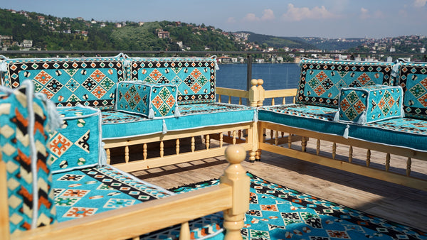 Outdoor Furniture, Wooden Bench Sofa Sets, Turquoise Floor Cushions, Arabic Seating Jalsah, Traditional Wooden Bench, Garden Sofa Set, Arabic Sofa, Yemeni Majlis Set