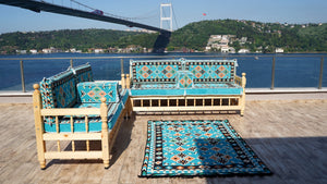 Outdoor Furniture, Wooden Bench Sofa Sets, Turquoise Floor Cushions, Arabic Seating Jalsah, Traditional Wooden Bench, Garden Sofa Set, Arabic Sofa, Yemeni Majlis Set