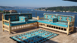 Outdoor Furniture, Wooden Bench Sofa Sets, Turquoise Floor Cushions, Arabic Seating Jalsah, Traditional Wooden Bench, Garden Sofa Set, Arabic Sofa, Yemeni Majlis Set