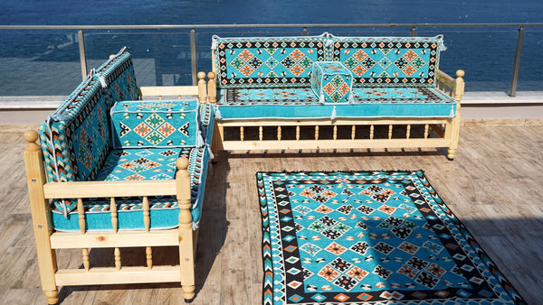 Outdoor Furniture, Wooden Bench Sofa Sets, Turquoise Floor Cushions, Arabic Seating Jalsah, Traditional Wooden Bench, Garden Sofa Set, Arabic Sofa, Yemeni Majlis Set