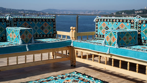 Outdoor Furniture, Wooden Bench Sofa Sets, Turquoise Floor Cushions, Arabic Seating Jalsah, Traditional Wooden Bench, Garden Sofa Set, Arabic Sofa, Yemeni Majlis Set