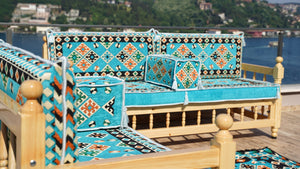 Outdoor Furniture, Wooden Bench Sofa Sets, Turquoise Floor Cushions, Arabic Seating Jalsah, Traditional Wooden Bench, Garden Sofa Set, Arabic Sofa, Yemeni Majlis Set