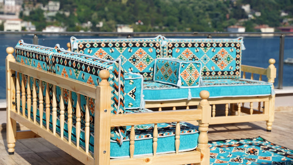 Outdoor Furniture, Wooden Bench Sofa Sets, Turquoise Floor Cushions, Arabic Seating Jalsah, Traditional Wooden Bench, Garden Sofa Set, Arabic Sofa, Yemeni Majlis Set