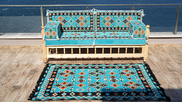 Outdoor Furniture, Wooden Bench Sofa Sets, Turquoise Floor Cushions, Arabic Seating Jalsah, Traditional Wooden Bench, Garden Sofa Set, Arabic Sofa, Yemeni Majlis Set