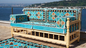 Outdoor Furniture, Wooden Bench Sofa Sets, Turquoise Floor Cushions, Arabic Seating Jalsah, Traditional Wooden Bench, Garden Sofa Set, Arabic Sofa, Yemeni Majlis Set